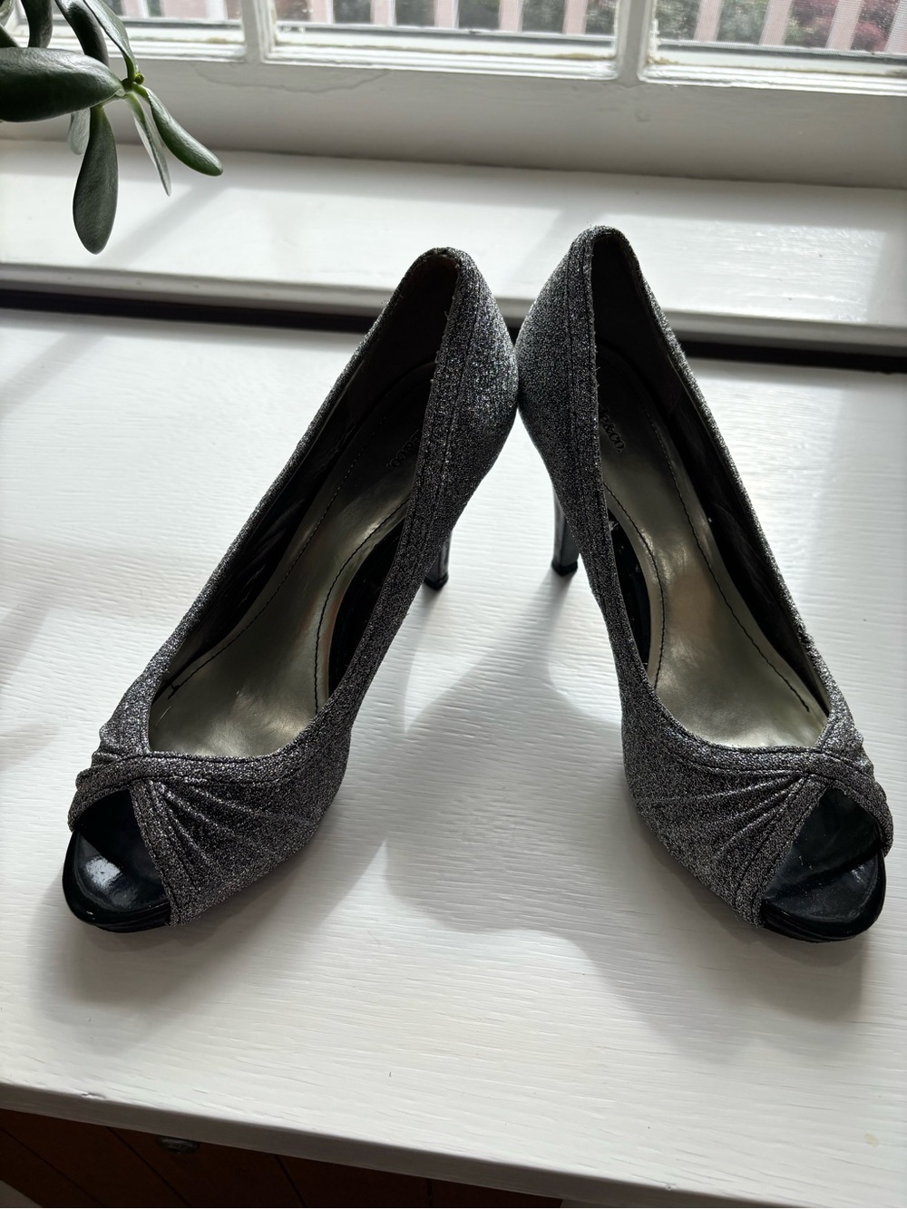 Style & Co. Silver Glitter Peep-Toe Heels with Knotted Front